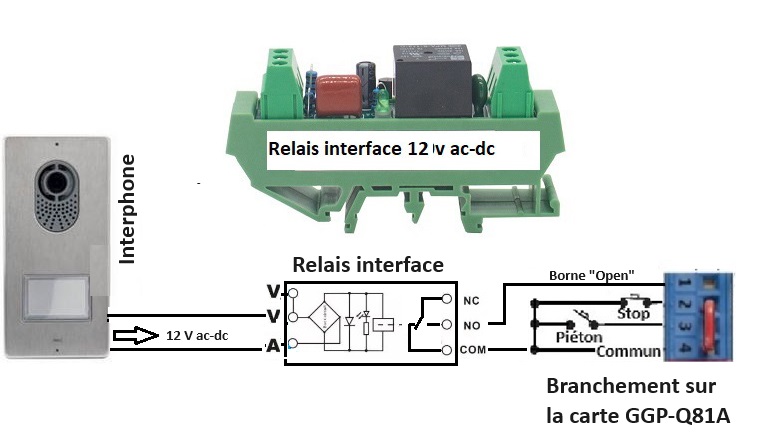 Relais Interface 12V pour la commande de l'automatisme depuis un interphone